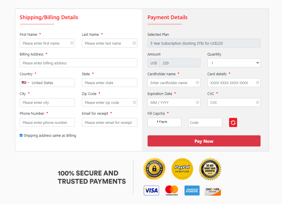 Enter your Shipping/Billing Details and Payment Details