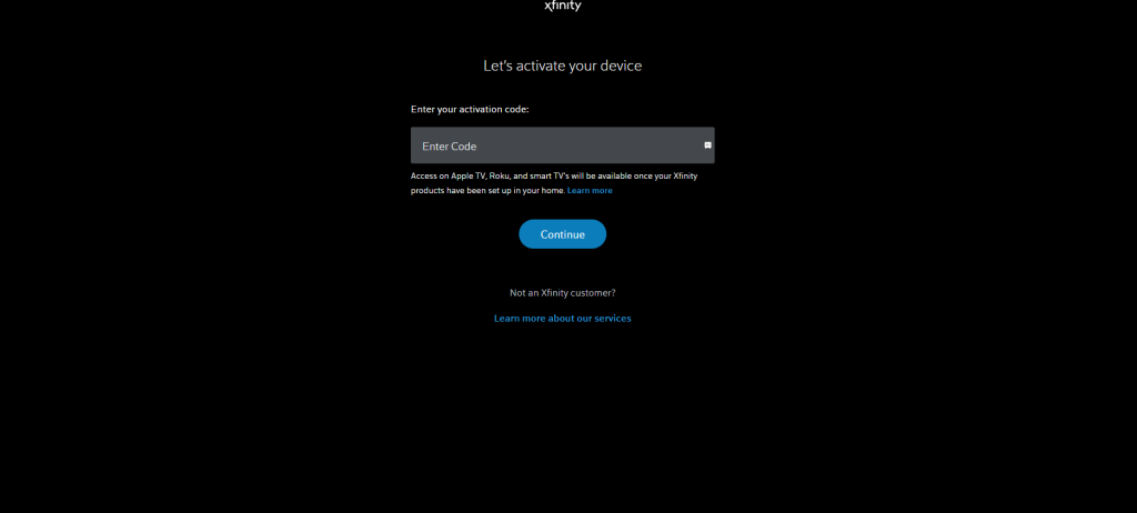 Enter the activation code to activate Xfinity Stream
