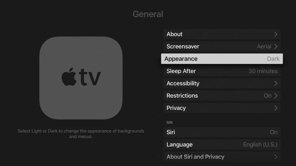 Click the Appearance option on Apple TV