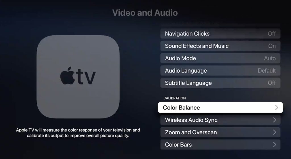 Choose Color Balance option on Apple TV