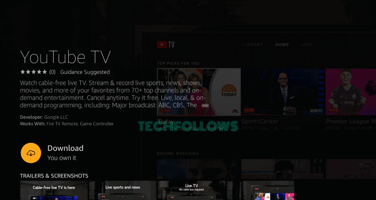 Hit Download to stream YouTube TV on Firestick