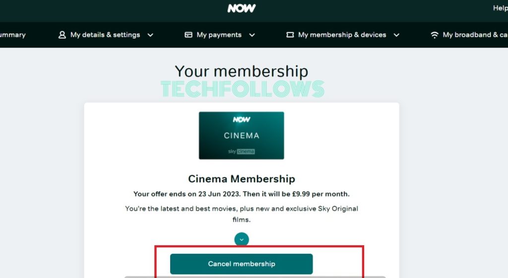 Click on Cancel Membership option on Now TV website