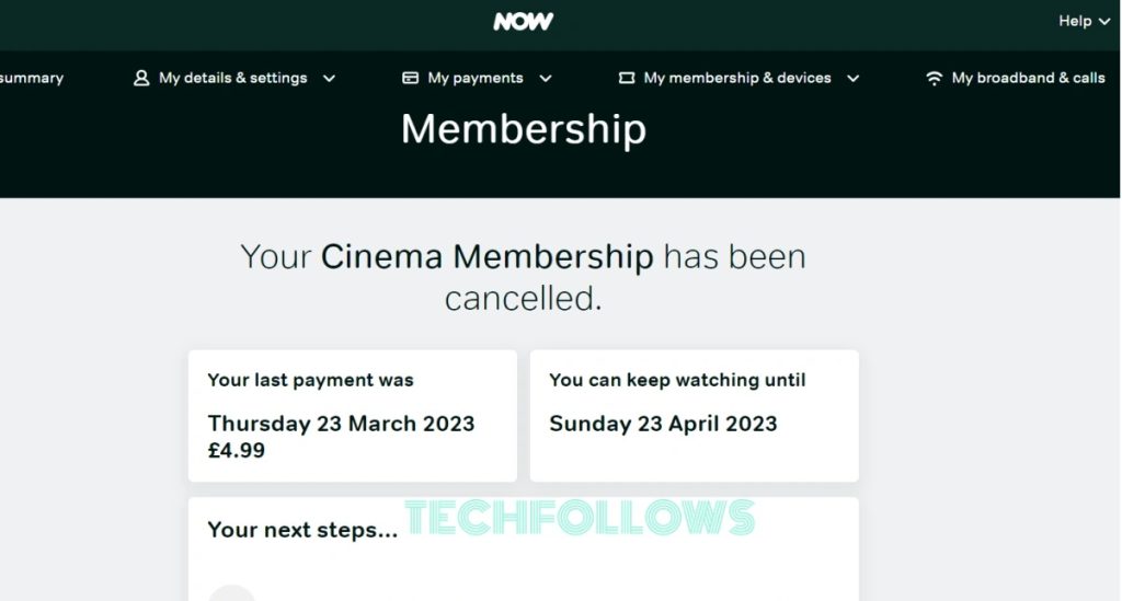 Confirmation of canceling Now TV subscription