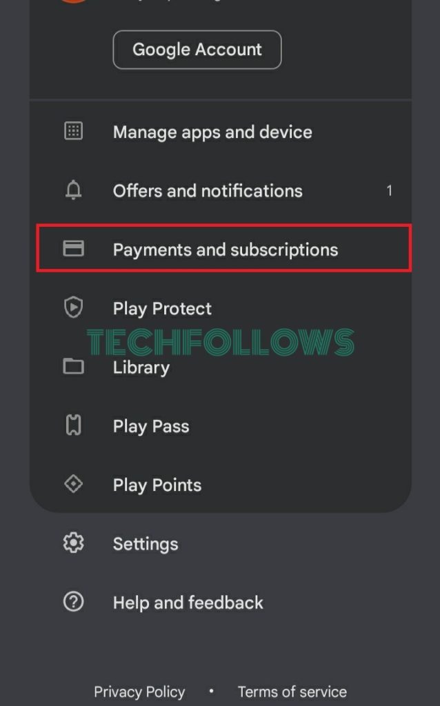 Tap on Payment and Subscription on Android