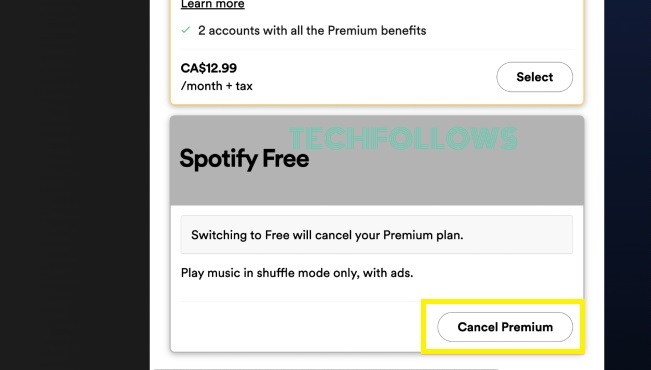 Tap on Cancel Premium option on Spotify website