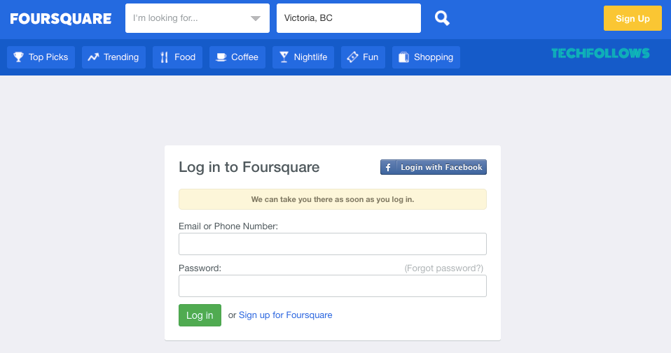 Foursquare login page