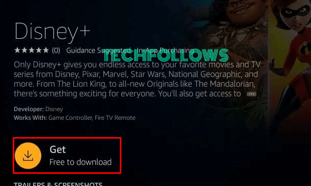 Click Get option to install Disney Plus on Firestick device