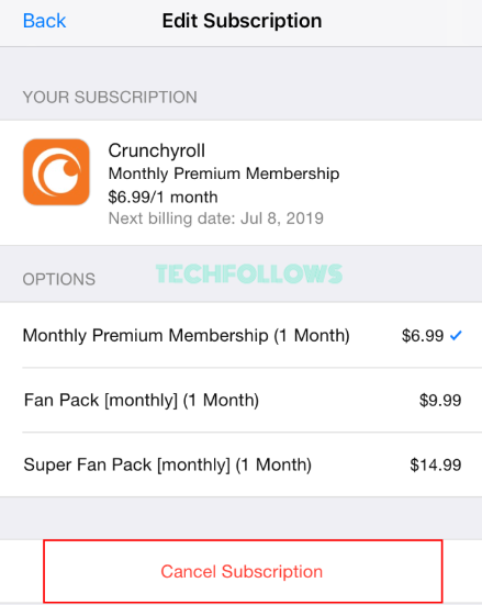 Select Crunchyroll and hit Cancel Subscription on iOS