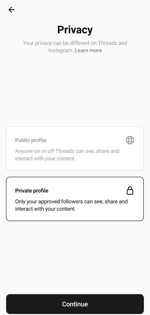 Tap Private profile to make your account Private on Threads