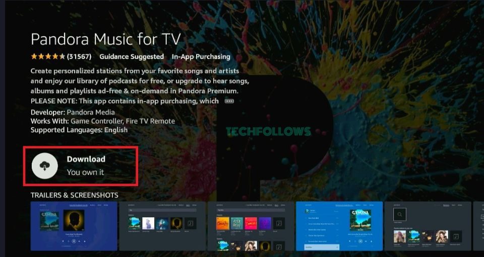 Tap Get or Download to install Pandora on Firestick