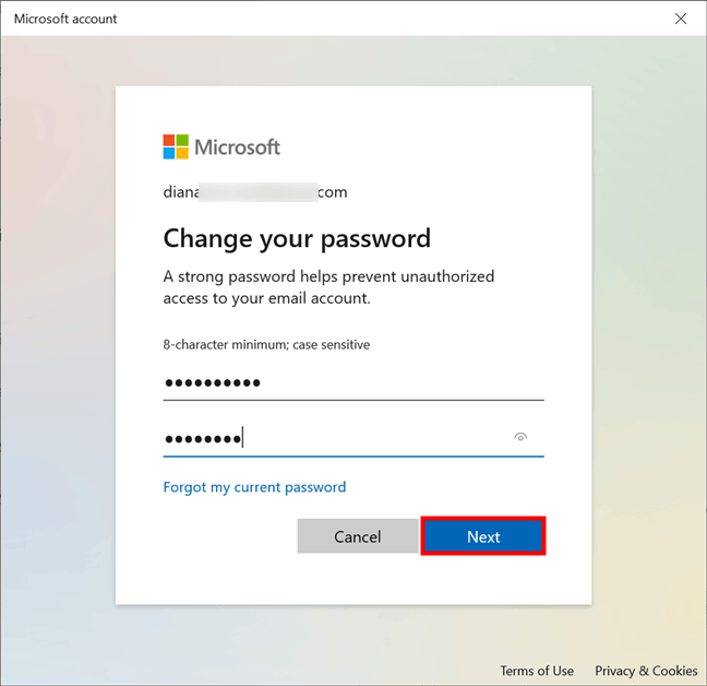 Enter a new Microsoft password 
