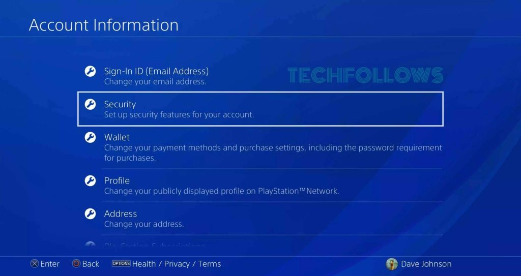 Tap Security to change PS4 password 