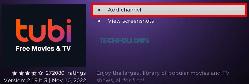 Click Add channel to install Tubi TV on Roku