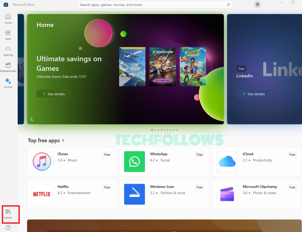 Hit the Library option on Microsoft Store