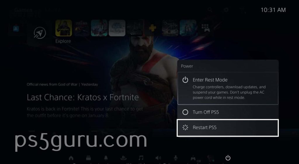 Choose Restart PS5 - PS5 Not Connecting to Internet