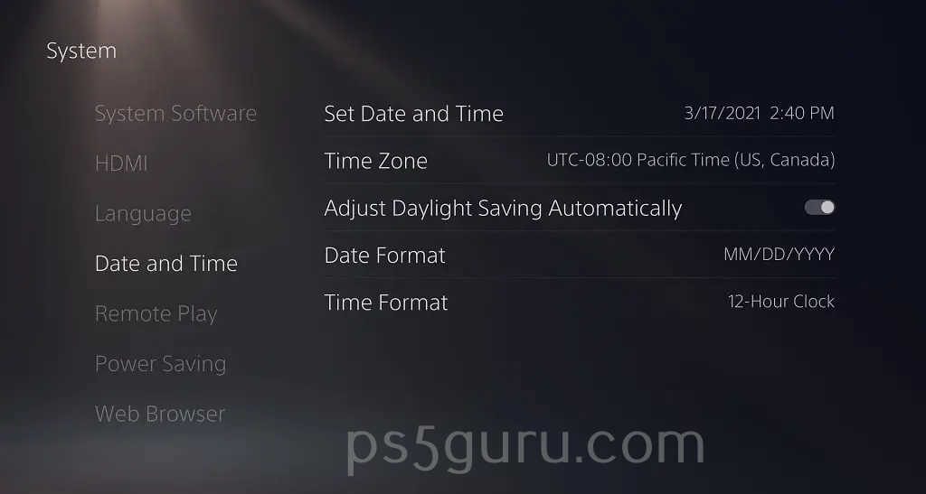 choose Set Date and Time on PS5