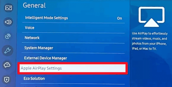 Select Apple AirPlay Settings to AirPlay Showtime on Samsung TV