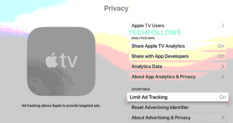 Enable Limit Ad Tracking to block ads on Apple TV 
