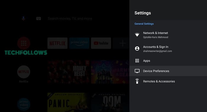 Choose Device Preferences on Android TV