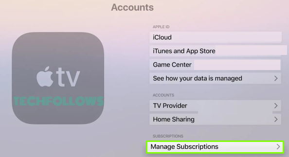Tap Manage Subscriptions on Apple TV 