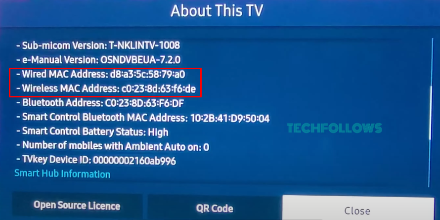 MAC address on Samsung TV 