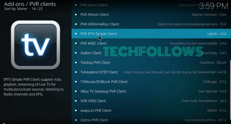 Select PVR IPTV Simple Client on Kodi app
