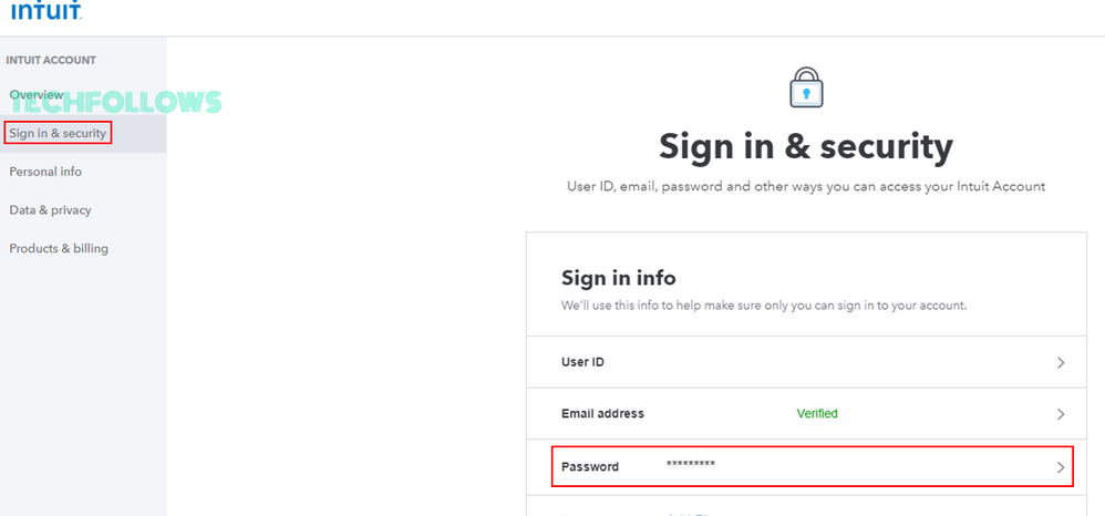 Sign in to Quickbooks to change the password