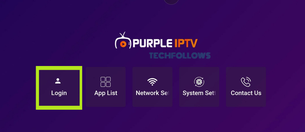 Tap Login on IPTV Smart Purple Player 
