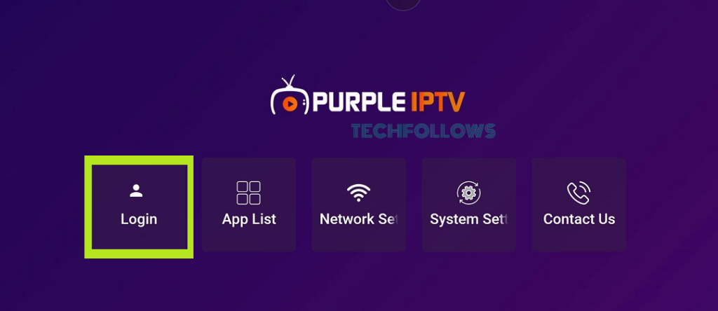 Tap Login on IPTV Smart Purple Player
