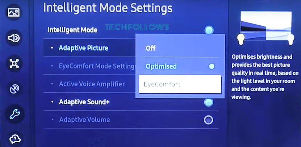 Tap EyeComfort to enable night mode on samsung tv 