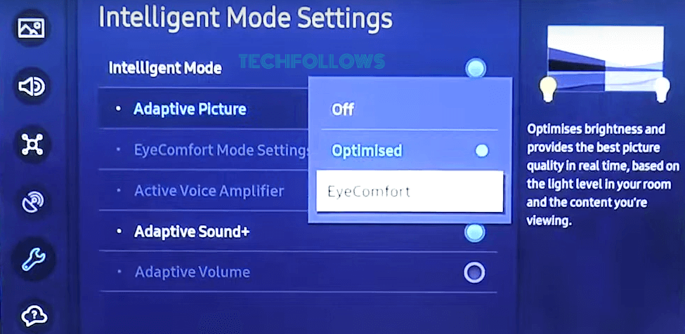 Tap EyeComfort to enable night mode on samsung tv