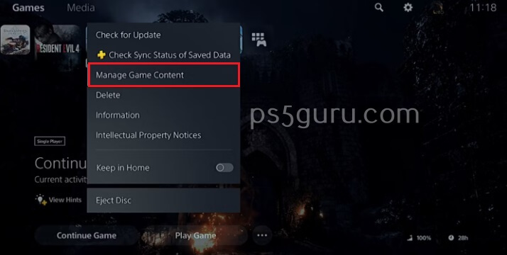 How to delete games on PS5- Select Manage Game Content