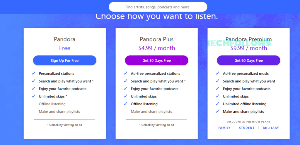 Click Get 30 Days free to get Pandora Free Trial 