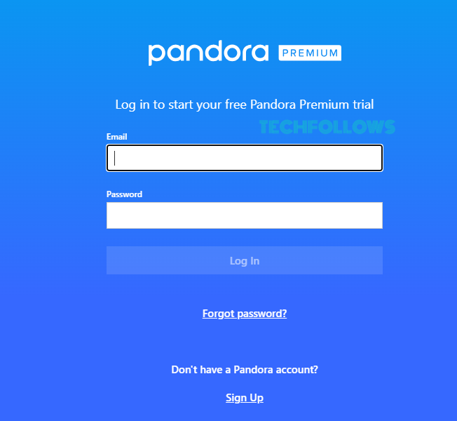 Tap Sign Up on Pandora webpage 