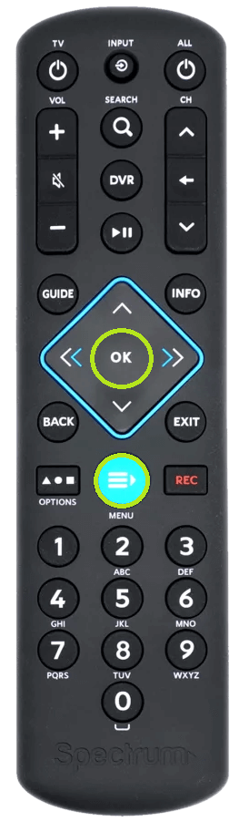 Long press the Menu + Ok button to Program Spectrum Remote to Samsung TV.