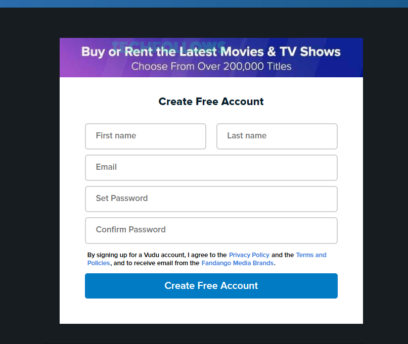 Type your mail to create Vudu account for free 