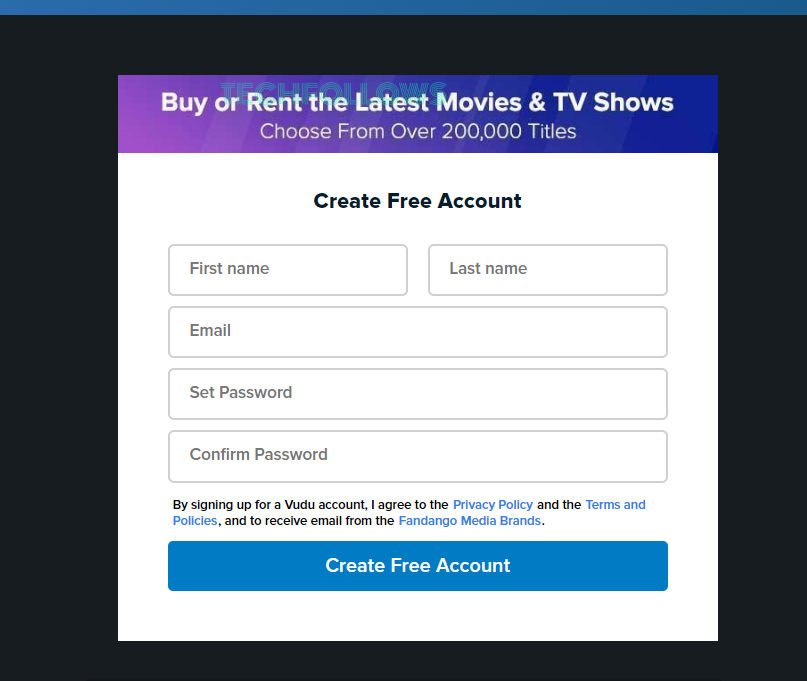 Type your mail to create Vudu account for free