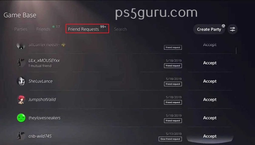 choose Friend Requests tab on PS5