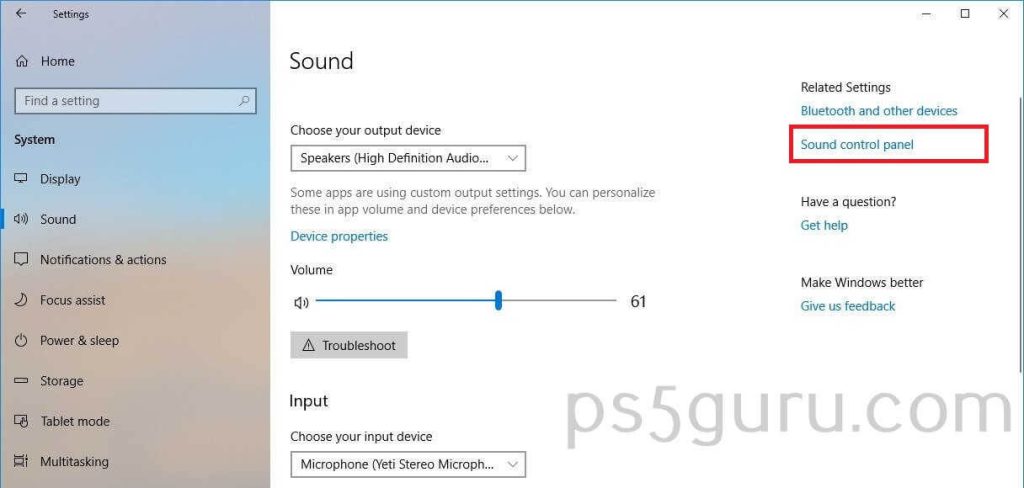choose Sound Control Panel on PC to turn off PS5 controller mic