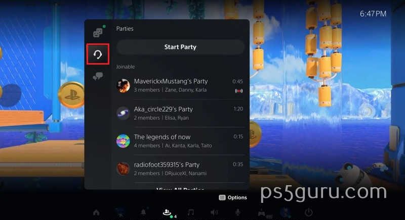 select Parties tab on PS5