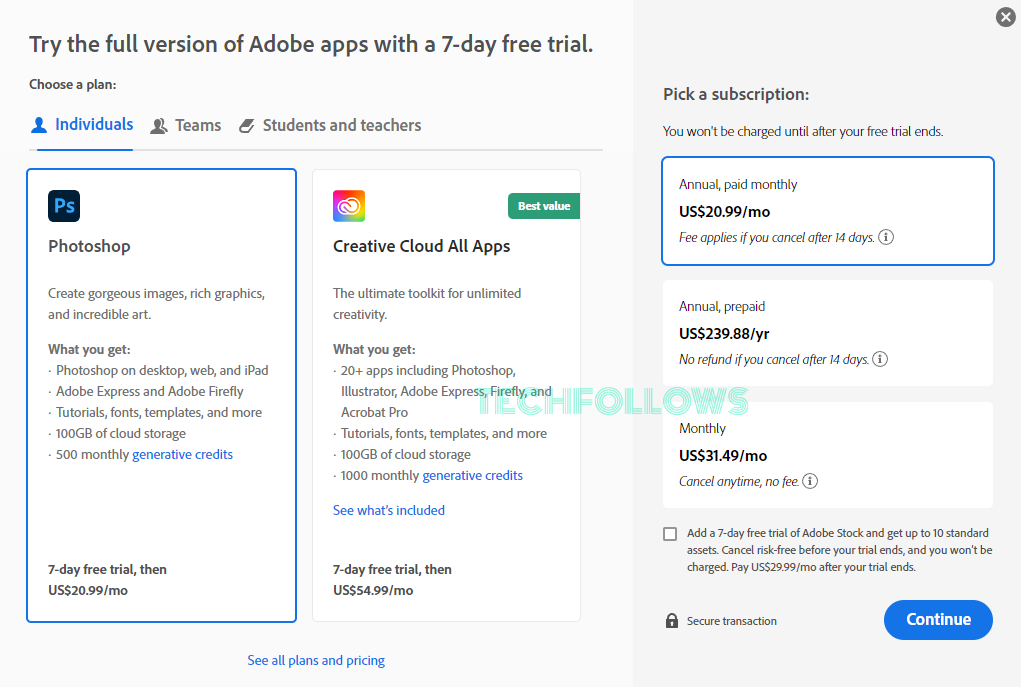 Pick a subscription to start Adobe Photoshop free trial