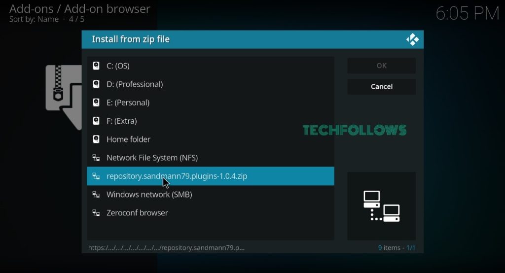 Select the Sandman zip file on Kodi