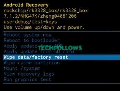 Select Wipe data/factory reset on Android TV recovery mode options