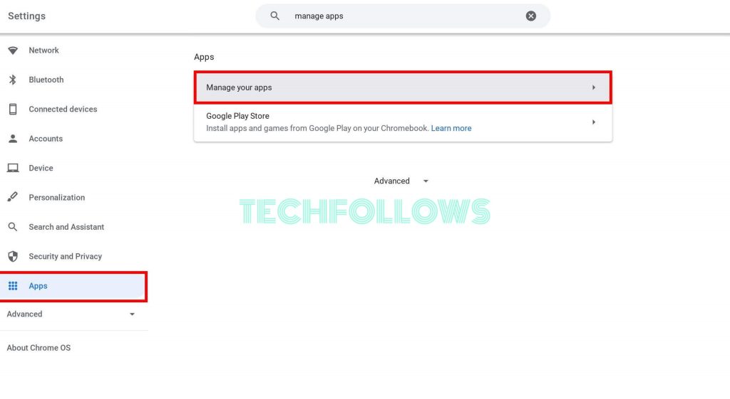Click Manage apps to Delete apps on Chromebook