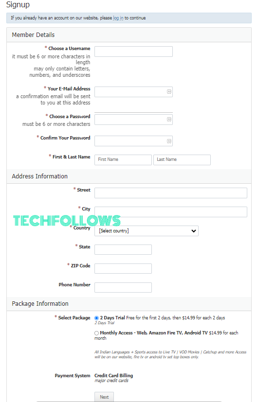 Enter the required details to sign up for Desi IPTV