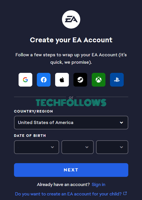 Create an account on EA Play