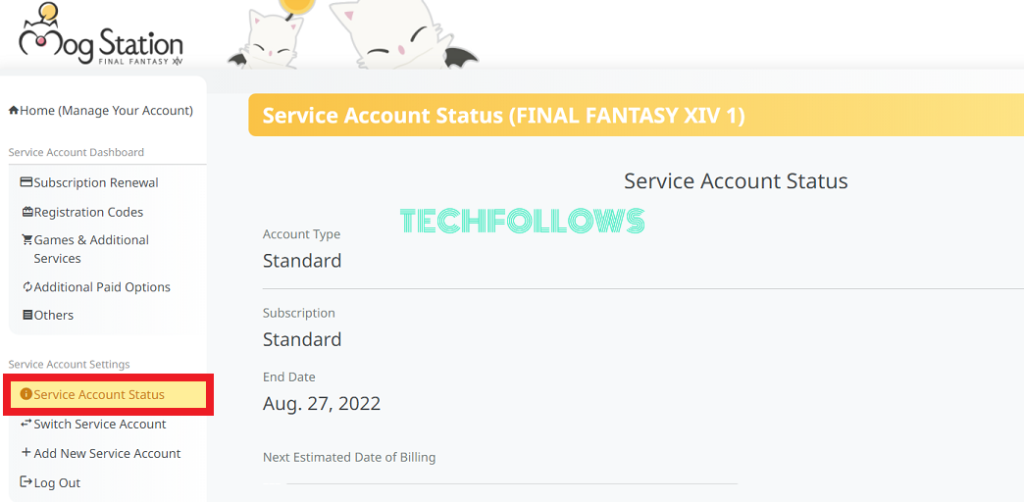 Select the Service Account Status option