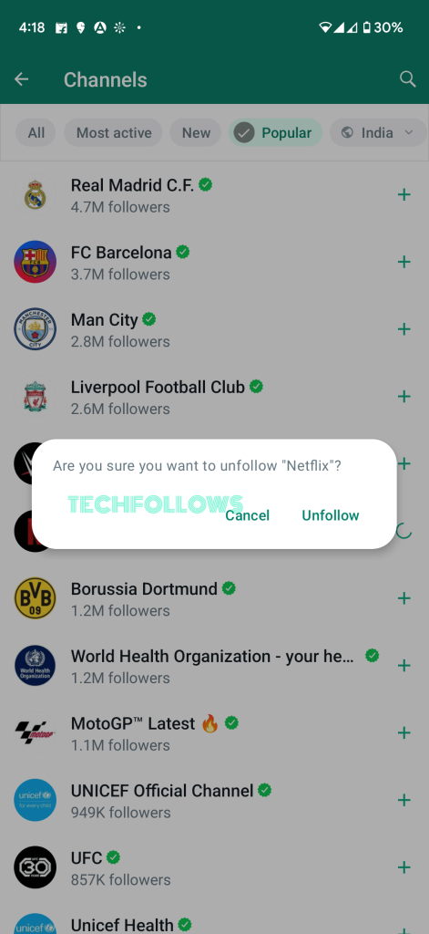 Unfollow channels on WhatsApp