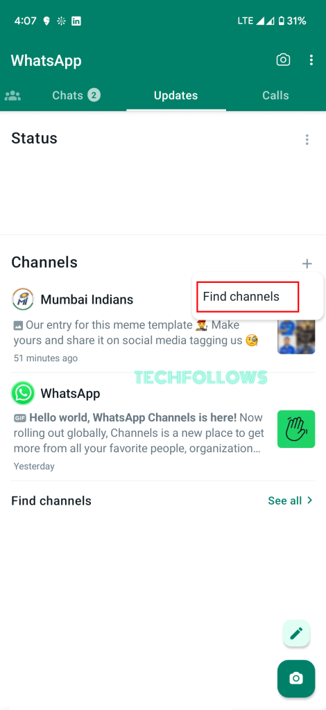 Tap Find Channels on WhatsApp