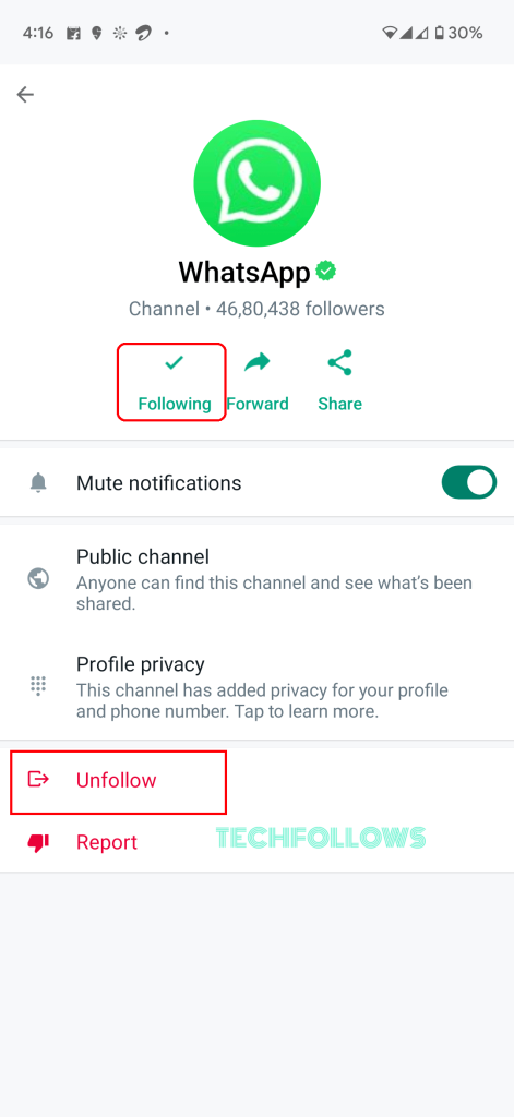 Unfollow the channel on WhatsApp